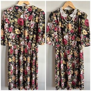 Vintage 70s Floral Prairie Dress Lace Collar Pearl Necklace USA Size 8